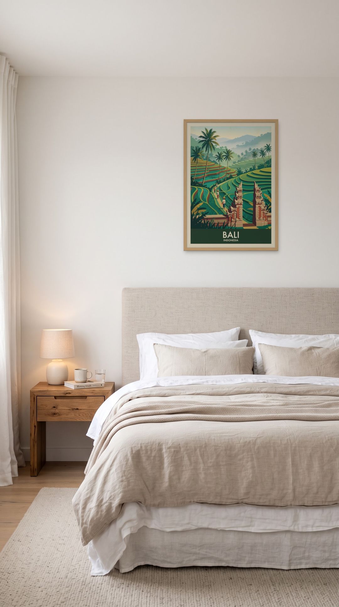 Bali, framed in natural wood, in a serene minimalist bedroom