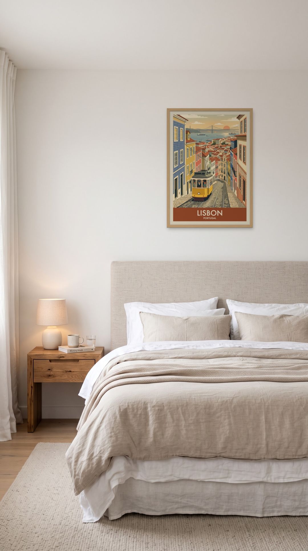 Lisbon, framed in natural wood, in a serene minimalist bedroom