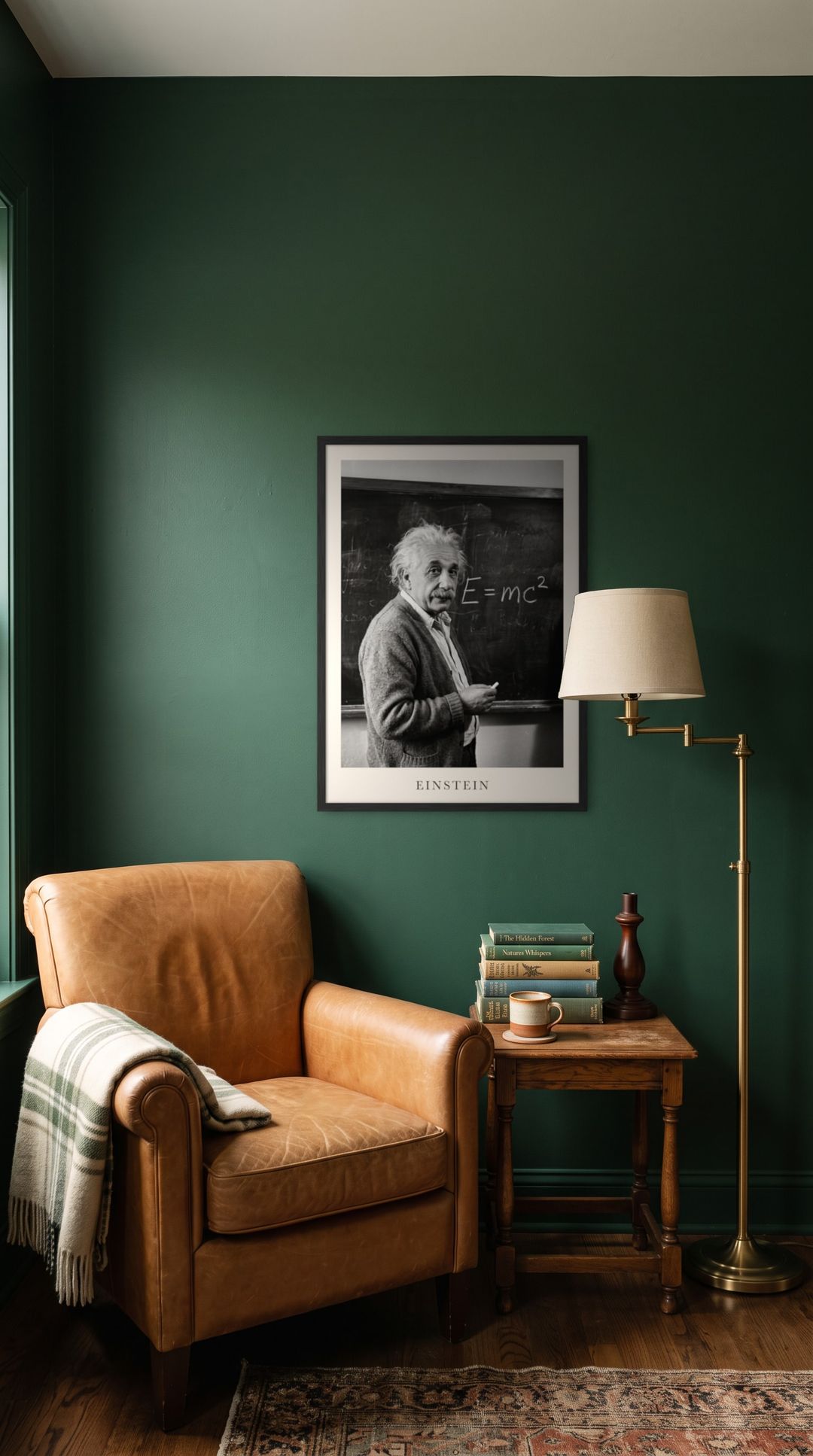 Albert Einstein, framed in black, in a cozy dark green reading corner