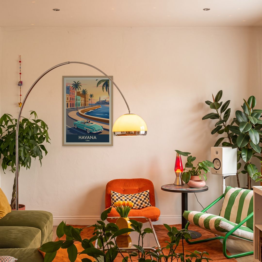 Havana, framed in natural wood, in an eclectic mid-century living room