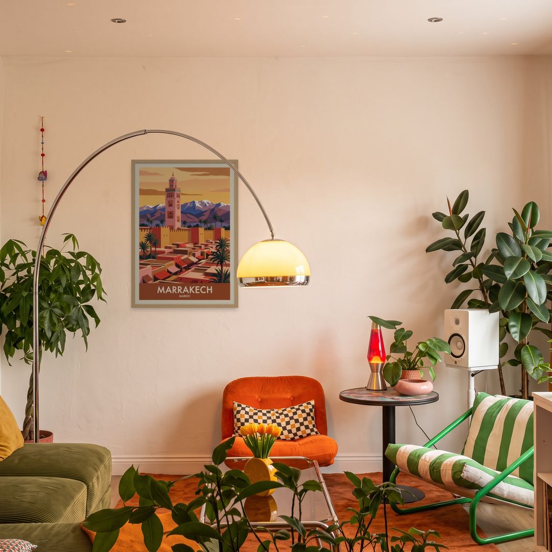 Marrakech, framed in natural wood, in an eclectic mid-century living room