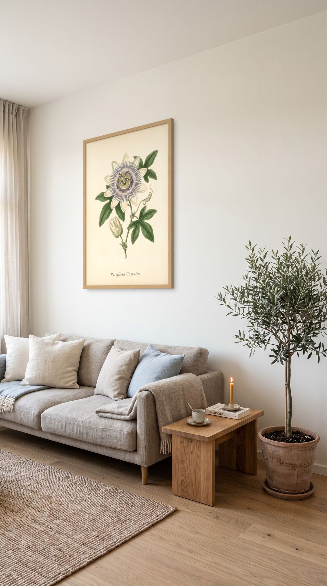 Blue Passion Flower, framed in natural wood, in a minimalist scandinavian living room