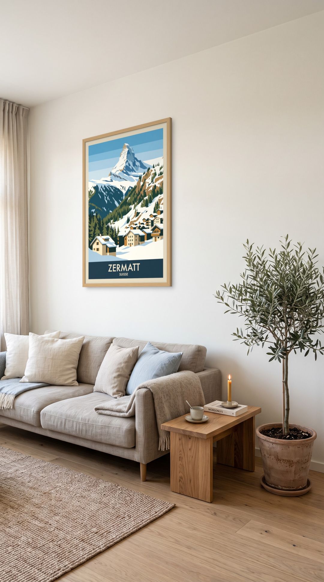 Zermatt, framed in natural wood, in a minimalist scandinavian living room