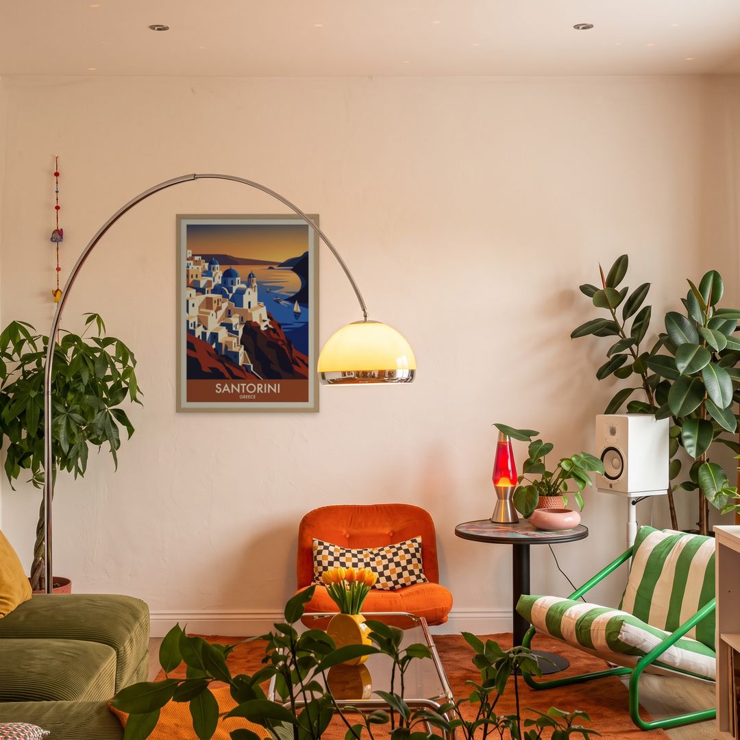 Santorini, framed in natural wood, in an eclectic mid-century living room