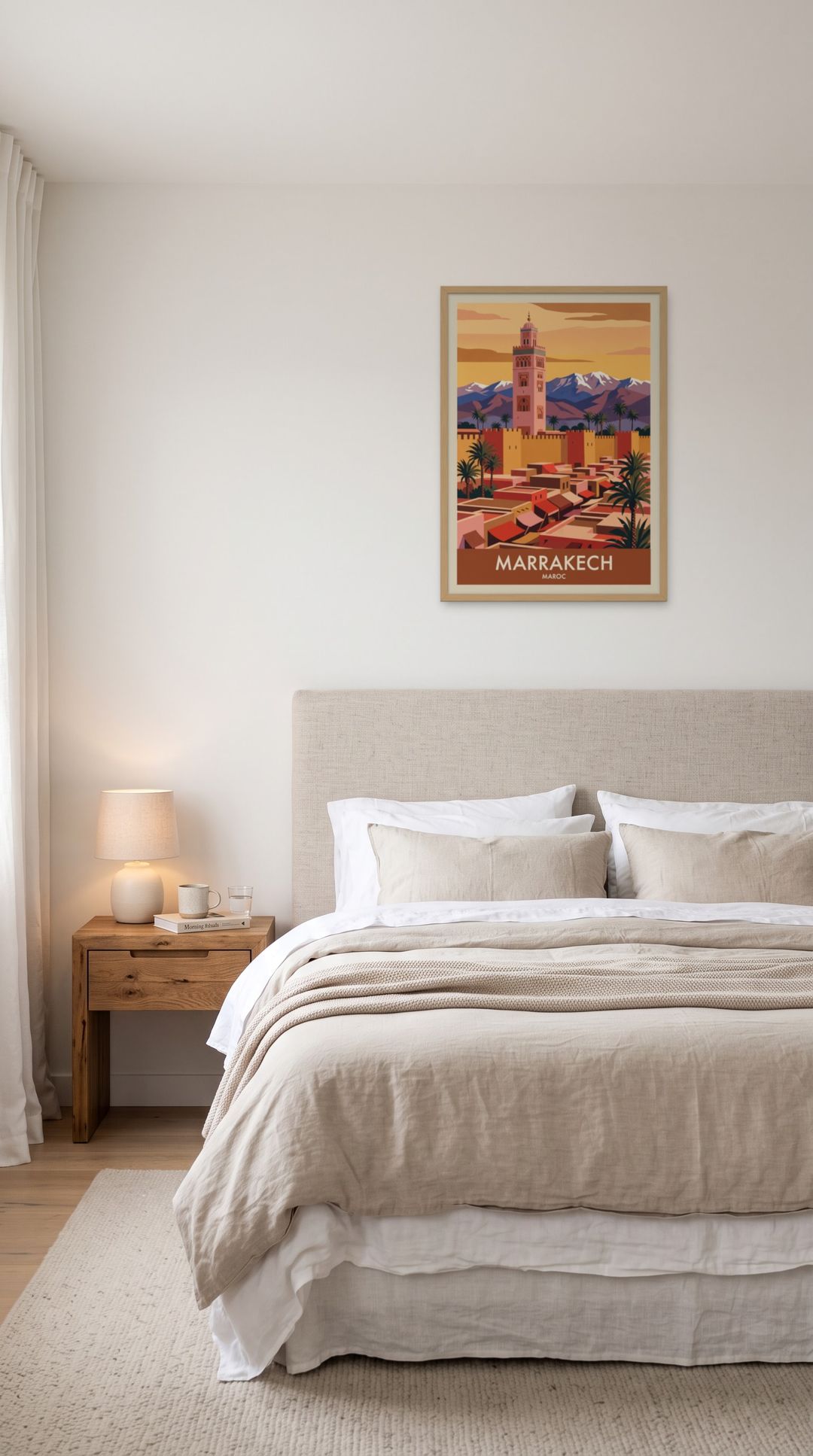 Marrakech, framed in natural wood, in a serene minimalist bedroom