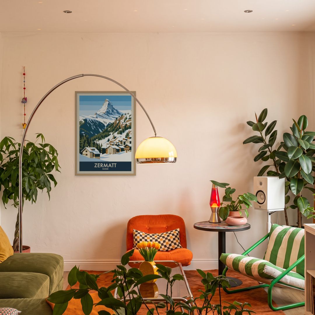 Zermatt, framed in natural wood, in an eclectic mid-century living room