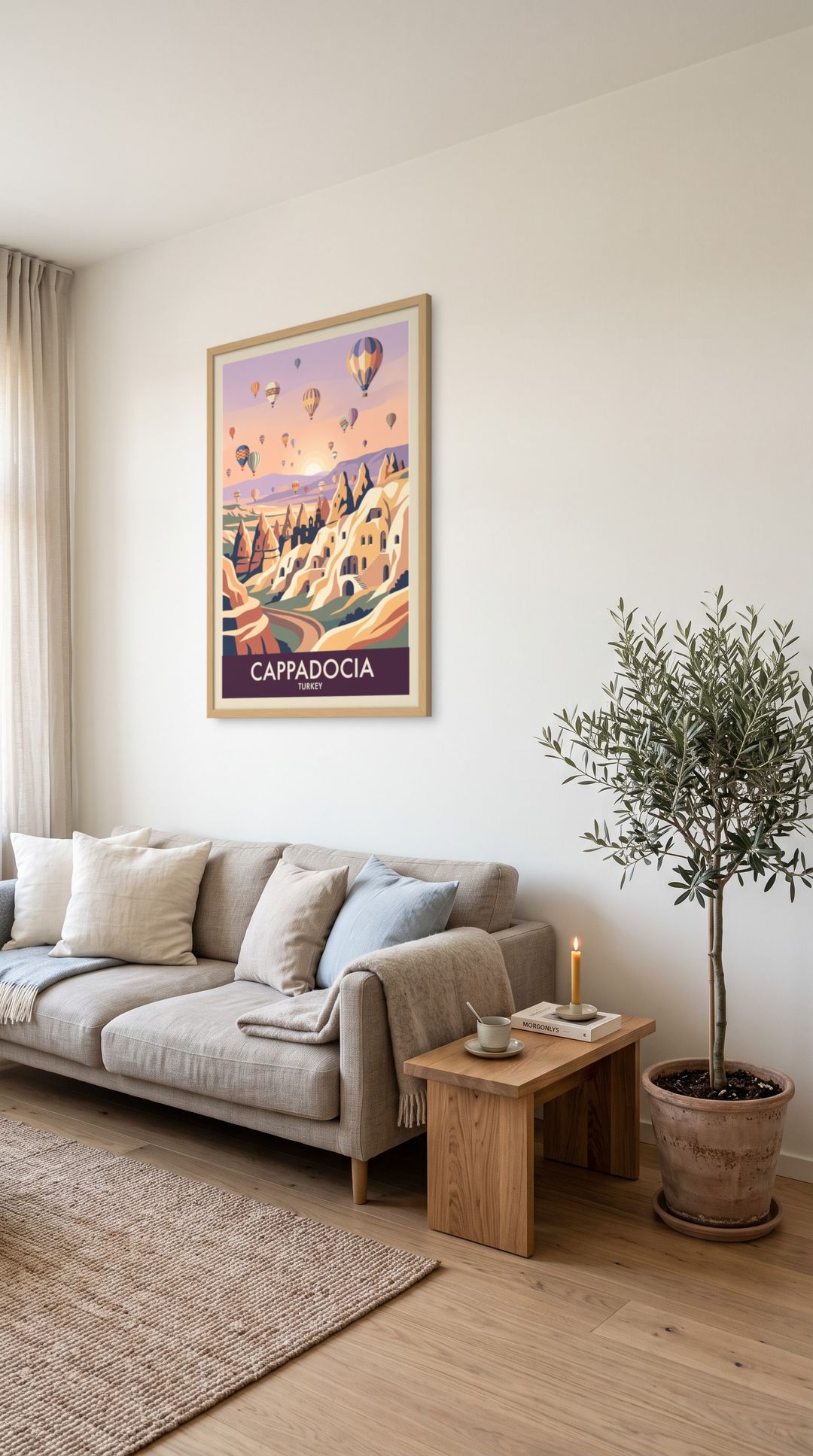 Cappadocia, framed in natural wood, in a minimalist scandinavian living room