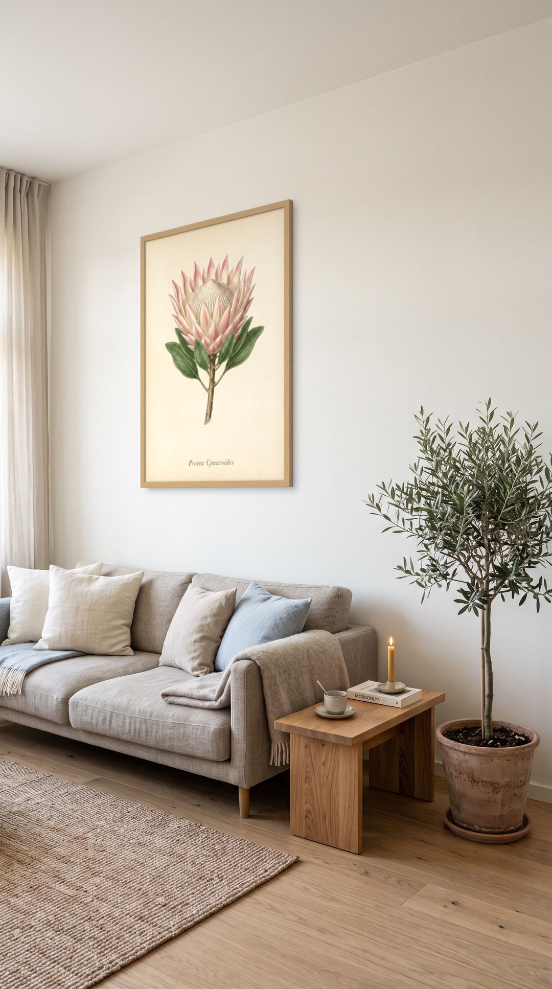 King Protea, framed in natural wood, in a minimalist scandinavian living room