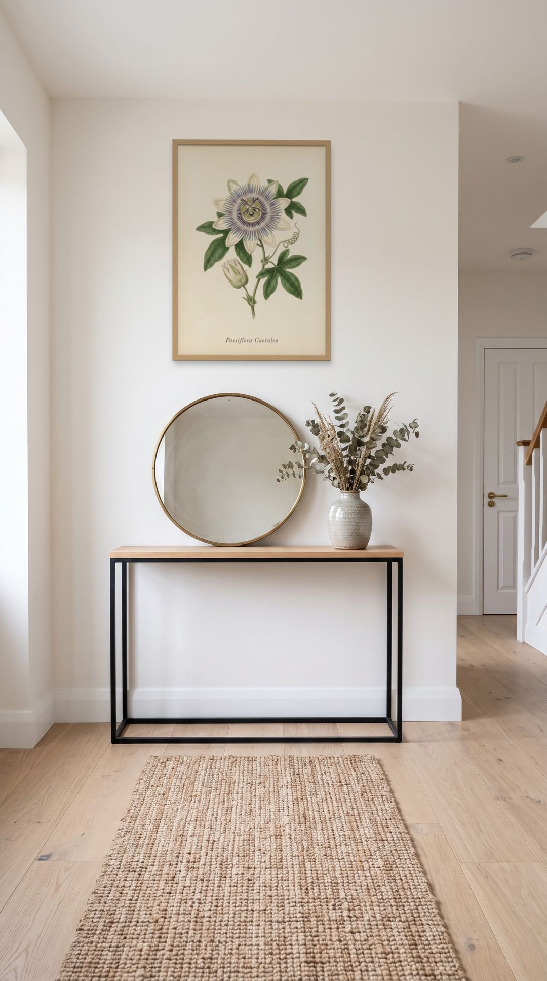 Blue Passion Flower, framed in natural wood, in a minimalist entryway with wooden console