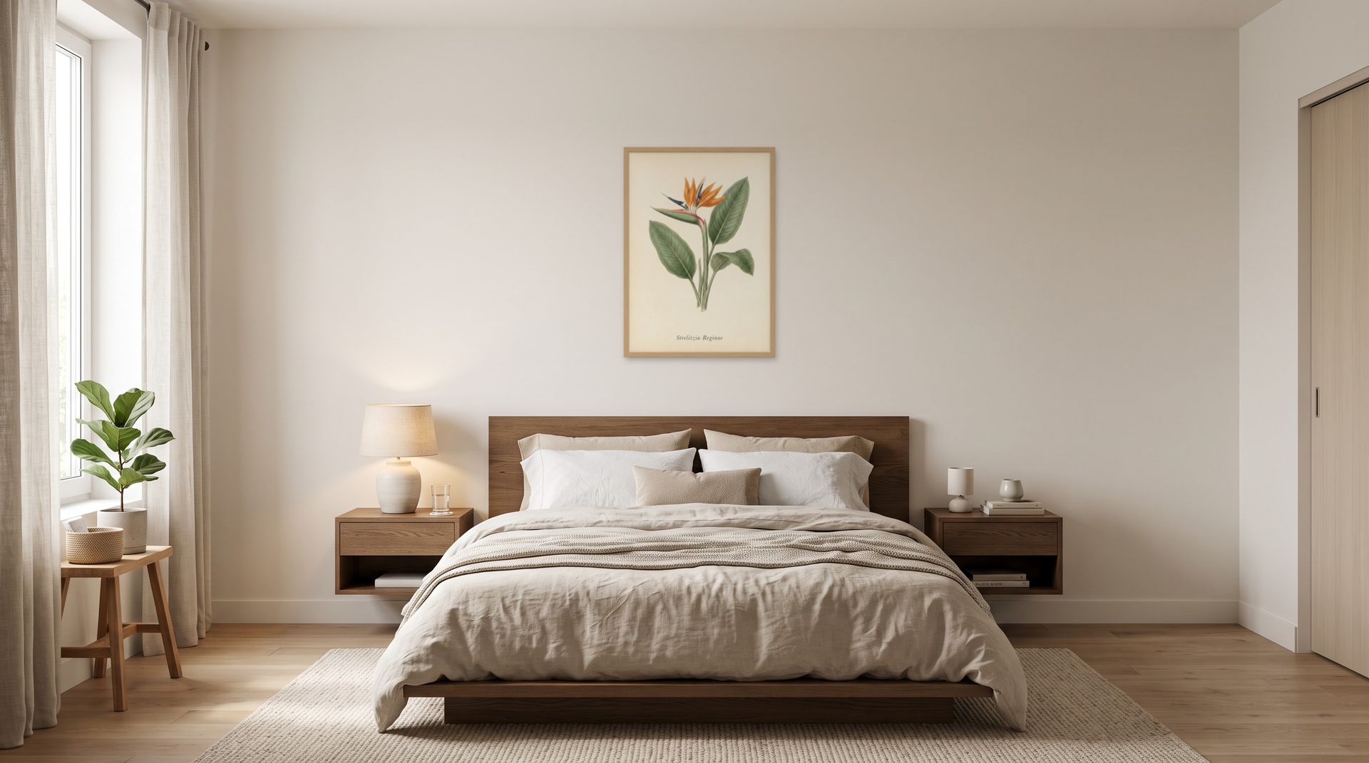 Bird of Paradise, framed in natural wood, in a minimalist warm bedroom.