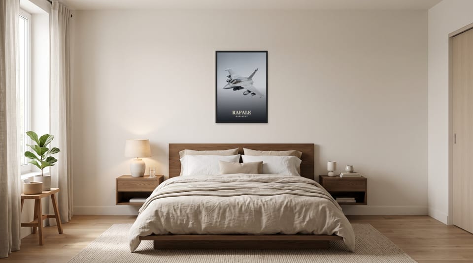 Rafale, framed in black, in a minimalist warm bedroom