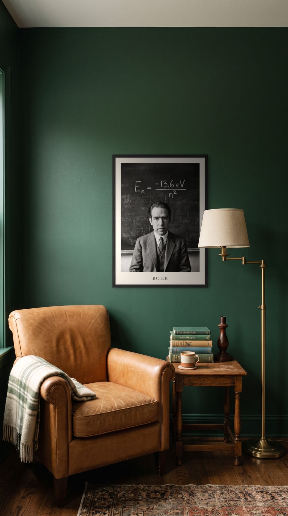 Niels Bohr, framed in black, in a cozy dark green reading corner.