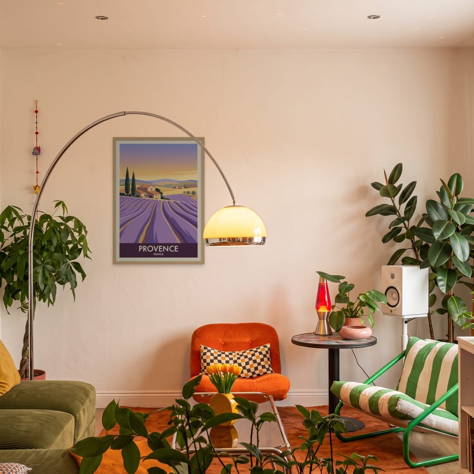 Provence, framed in natural wood, in an eclectic mid-century living room