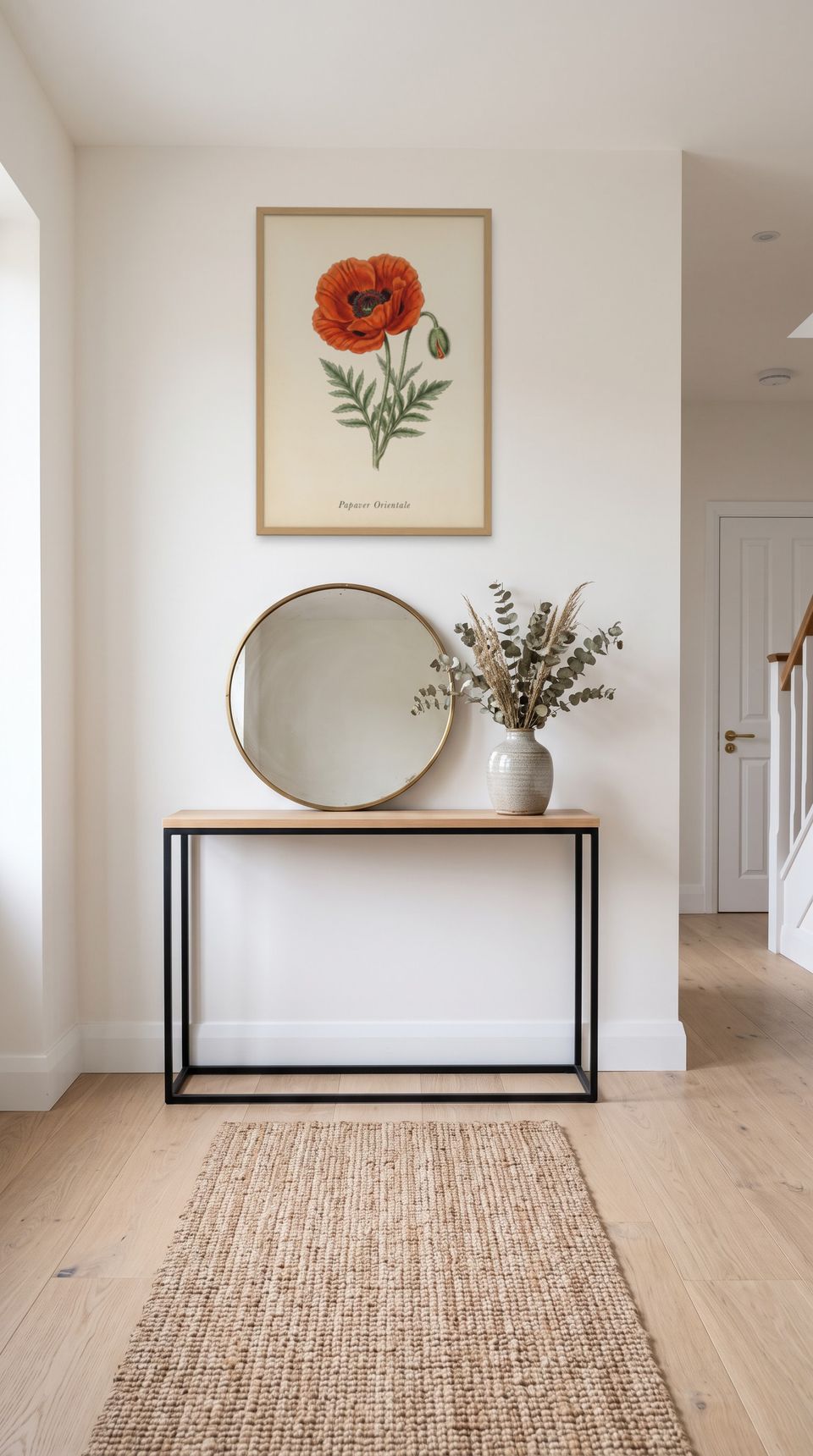 Oriental Poppy, framed in natural wood, in a minimalist entryway with wooden console