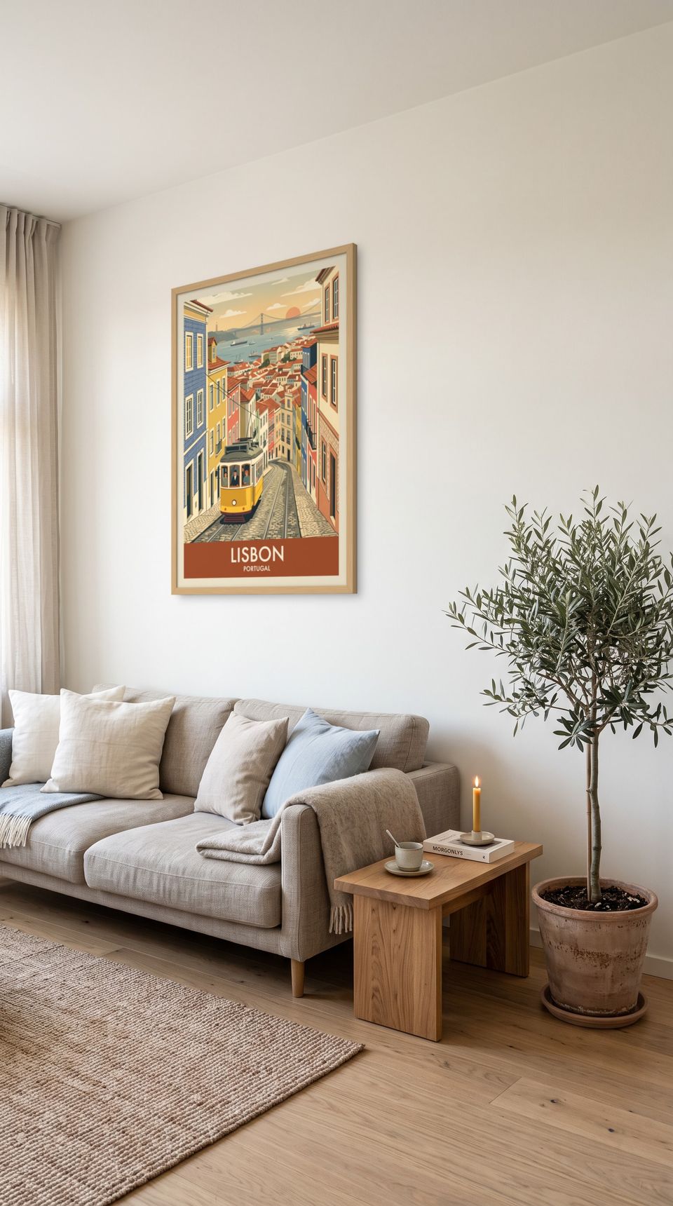 Lisbon, framed in natural wood, in a minimalist scandinavian living room