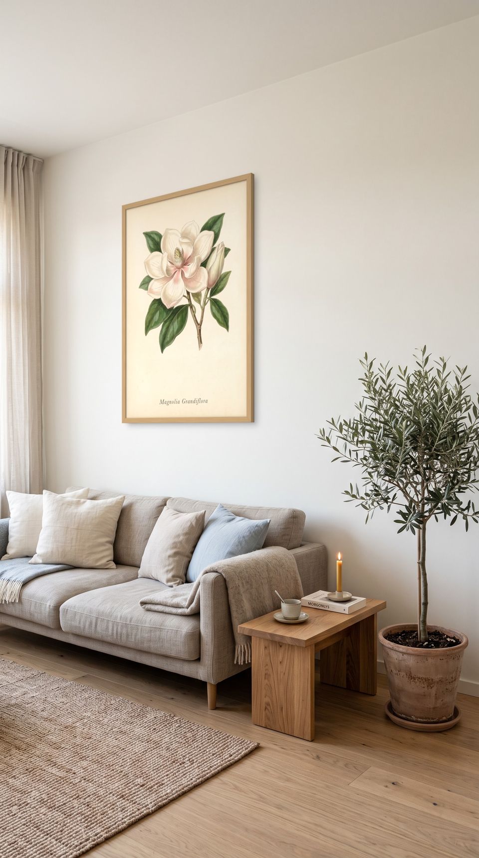 Southern Magnolia, framed in natural wood, in a minimalist scandinavian living room