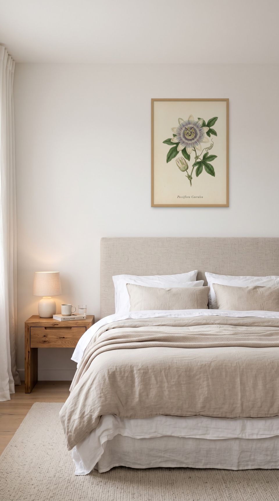 Blue Passion Flower, framed in natural wood, in a serene minimalist bedroom