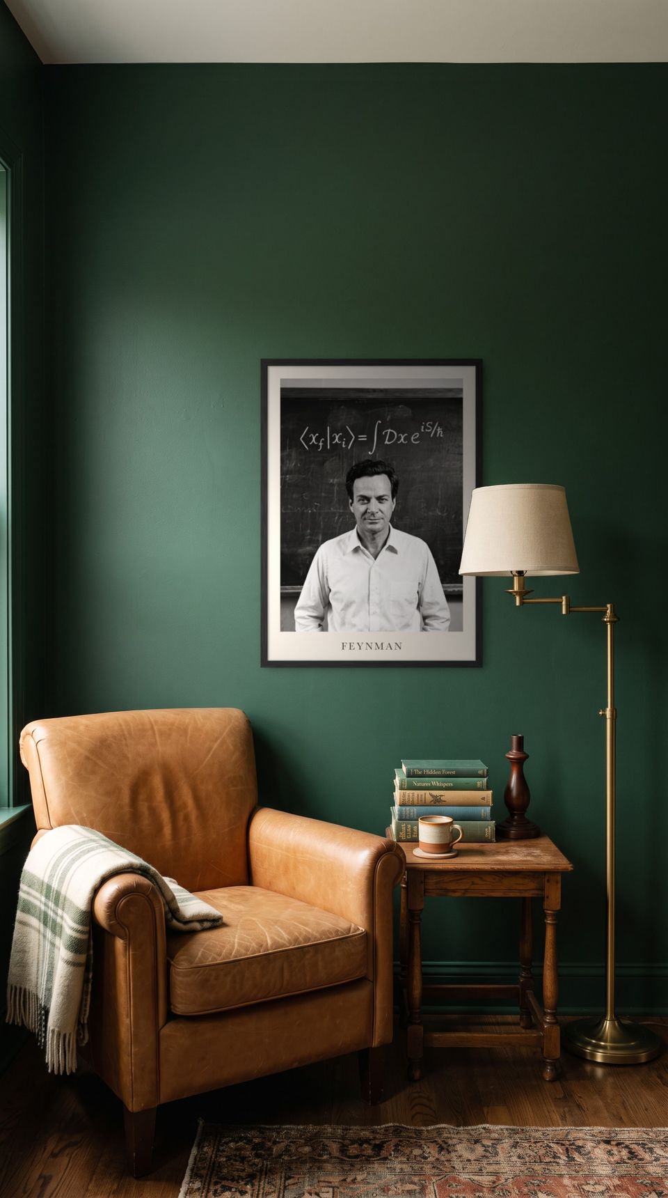 Richard Feynman, framed in black, in a cozy dark green reading corner