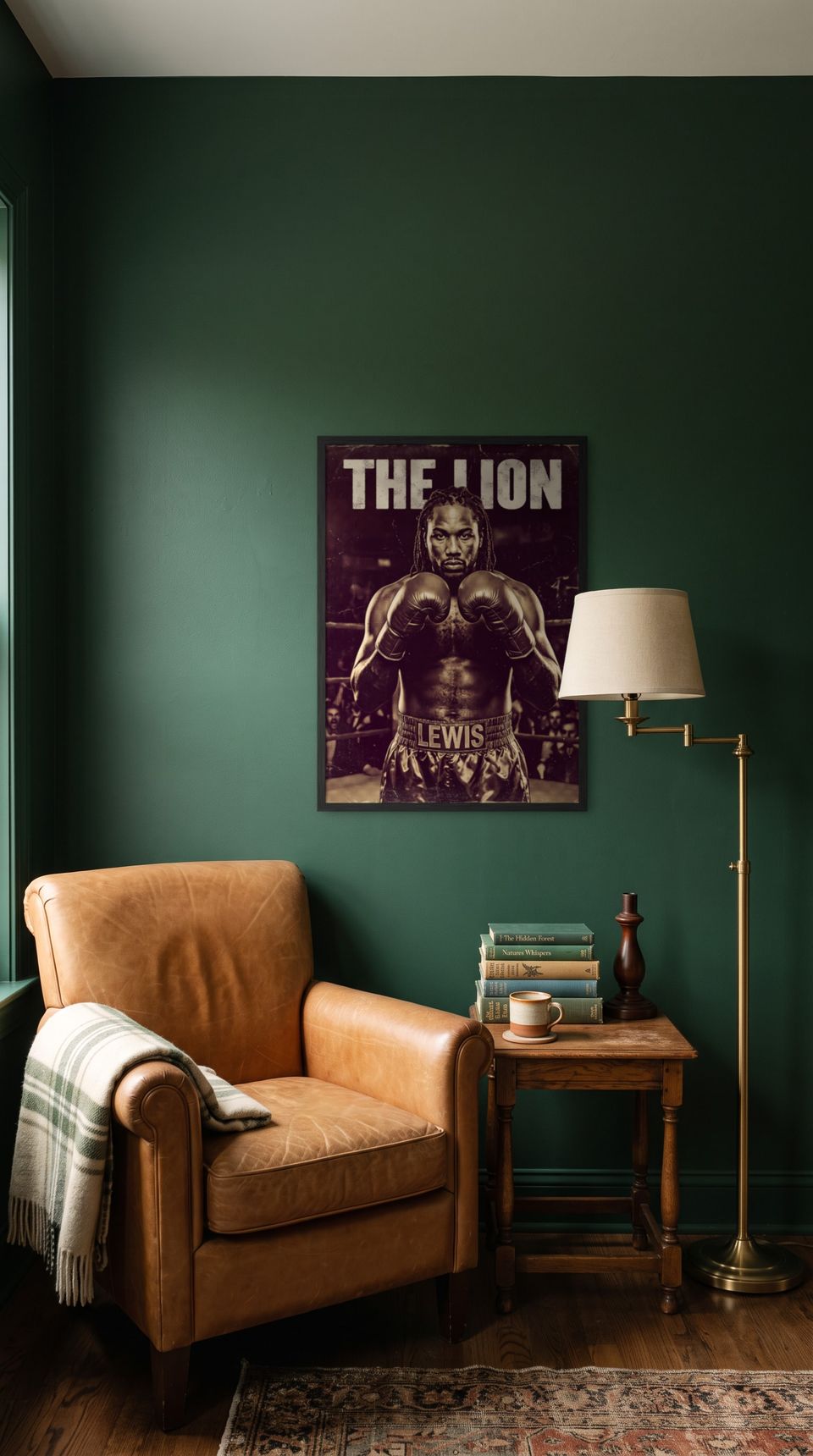The Lion, framed in black, in a cozy dark green reading corner