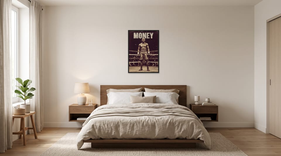 Money, framed in black, in a minimalist warm bedroom