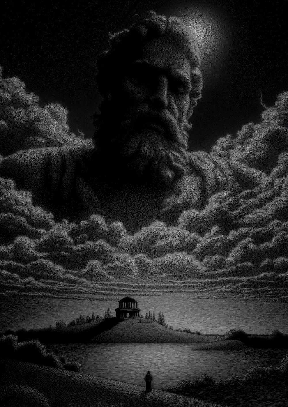 Cloudborne Titan Over Moonlit Temple